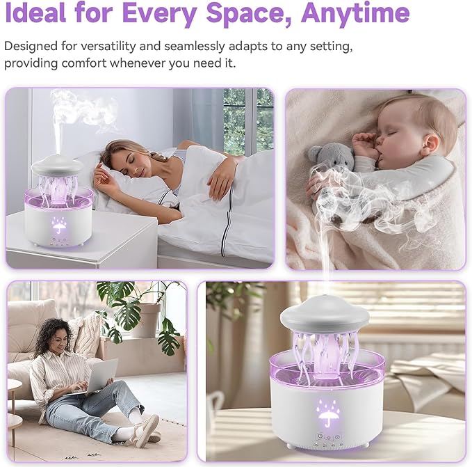 Humidifier with Light, 7-Color Rotating Jellyfish Humidifier with Remote & Timer, 300ML Water Drip Diffuser with Essential Oil Diffuser, Funny Rain Moistener Night Light for Room (White-Jellyfish)