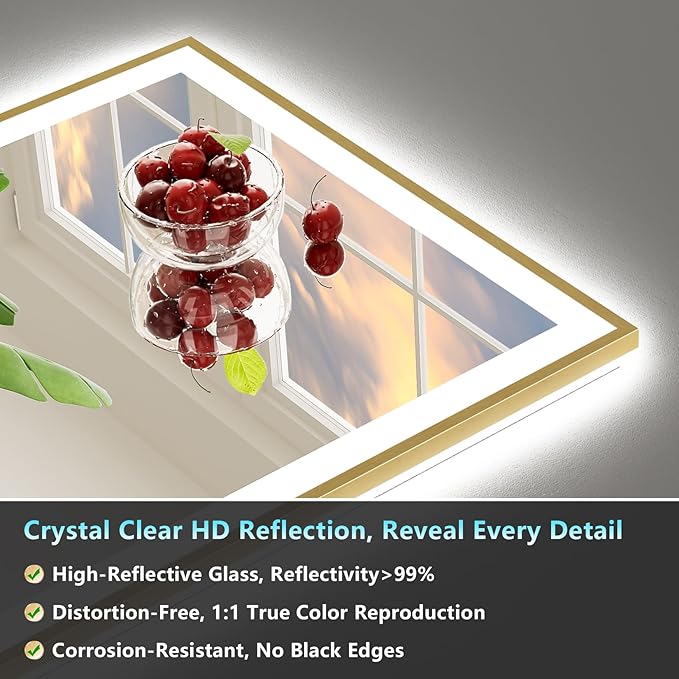 40x32 Gold LED Bathroom Mirror with Lights, Brushed Gold Framed Backlit and Front Lit Anti-Fog Lighted Vanity Mirrors for Bathroom Wall, Dimmable, 3 Colors, Memory, HD Tempered Glass, CRI＞90