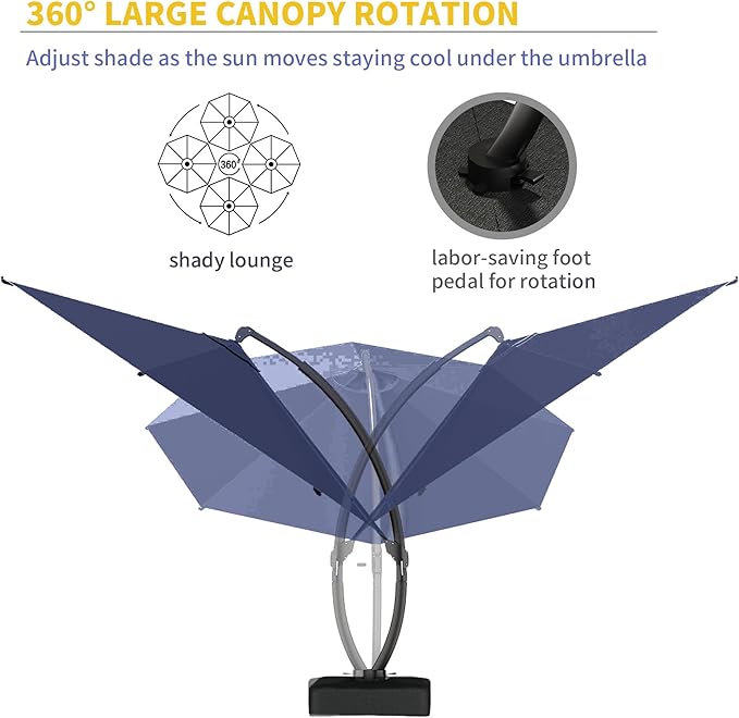 Kingdura 11ft Offset Cantilever Patio Umbrella with Solar Lights, Large Round Outdoor Umbrella with Base Included, Aluminum Frame, 360° Rotation & Infinite Tilt for Deck Pool Backyard, Dark blue