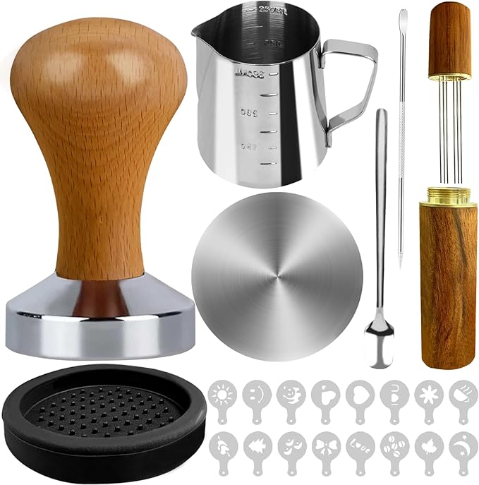 22 PCS Espresso Tamper Set, Espresso Accessories Barista Kit with 51mm Coffee Tamper, WDT Tool, Frothing Pitcher, Latte Art Pen, Coffee Stirrer, Tamper Mat, 16 Coffee Stencils for Espresso Machine