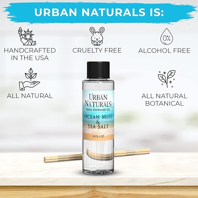 Urban Naturals Ocean Mist & Sea Salt Scented Oil Reed Diffuser Refill | Includes a Free Set of Reed Sticks! 4 oz.