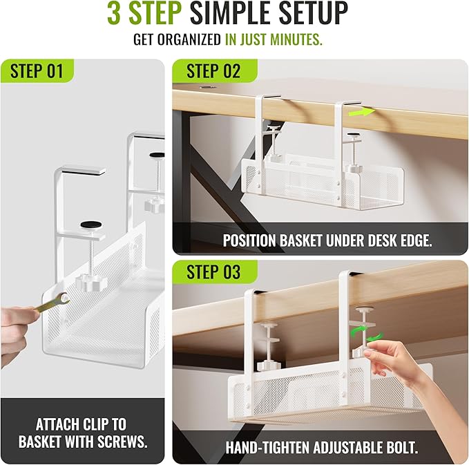 [Upgraded] 2 Pack Cable Management Under Desk Tray, Xpatee 27.6" No Drill Open Slots Cable Management Tray, Cord Wire Organizer Box with Clamp for Table Thickness up to 3" - No Desk Damage(White)