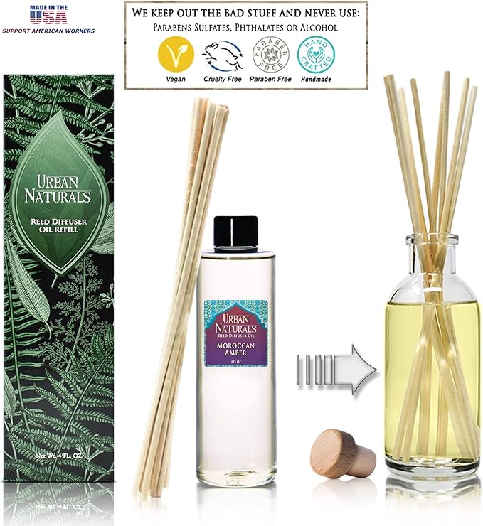Urban Naturals Moroccan Amber Reed Diffuser Refill Set | Includes a Free Set of Reed Sticks! 4 oz. | Great Gift Idea Home Fragrance Lovers!