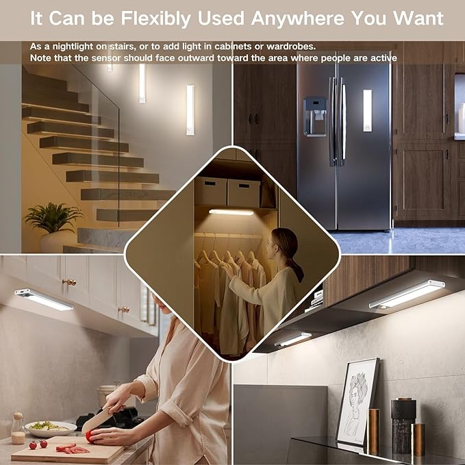 Motion Sensor Under Cabinet Lighting-Magnetic Rechargeable Closet Lights for Kitchen,Stairs,Wardrobe | 3-Color Dimmable LED Under Counter Lighting | Cord-Free Light Bars