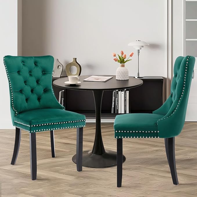 SoarFlash Kitchen Table and Chairs for 2, 31.5" Dining Table Set for 2 with Velvet Upholstered Chairs, 3 Piece Round Kitchen Table Set, Dining Room Table Set for Small Space, Apartment, Green/Black