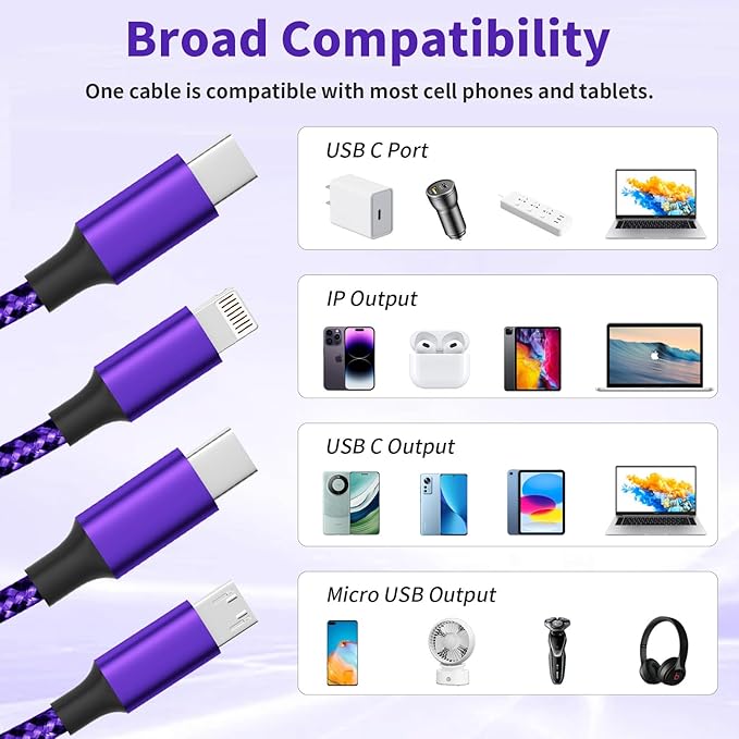 USB C Multi Charging Cable, (2 Pack 4FT), 3 in 1 Charging Cable Nylon Braided Universal Charger Cable with Type-C, Micro USB,IP Port for iPhone16/15 Series/Cell Phones & Pads and Other Devices-Purple