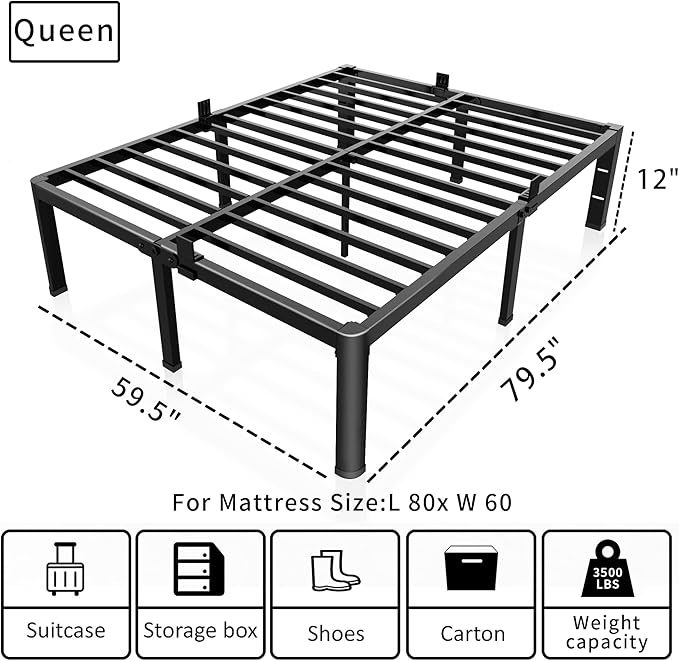 ROIL 12 inch Metal Queen Bed Frame with Rounded Corner and Headboard Hole Mattress Retainers 3500LBS Heavy Duty Steel Slats No Box Spring Needed Platform Noise-Free Easy Assemble