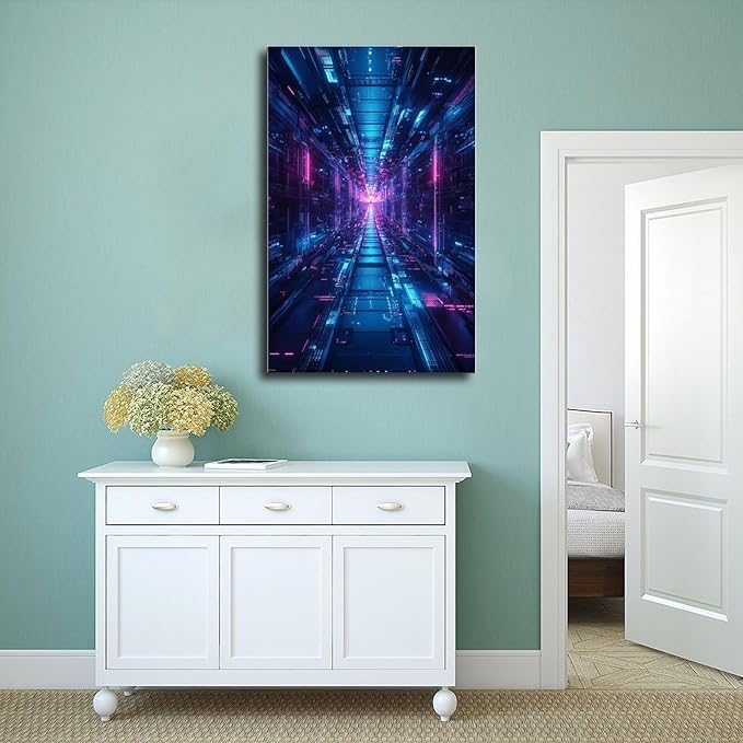 High-Tech Digital Abstract Wall Art – Glowing Geometric Canvas Print – Minimalist Futuristic Aesthetic Home Decor Modern Wall Prints Abstract Geometric Minimalist Art Framed Canvas Prints For Office B