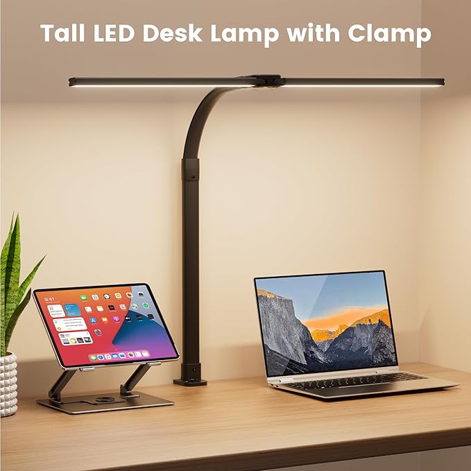 LED Desk Lamp for Home Office, 24W Computer Desk Light with Remote Control, Bright Table Lamp with Clamp Dimmable Tall Desktop Lighting with Bendable Gooseneck, Double Head, Black