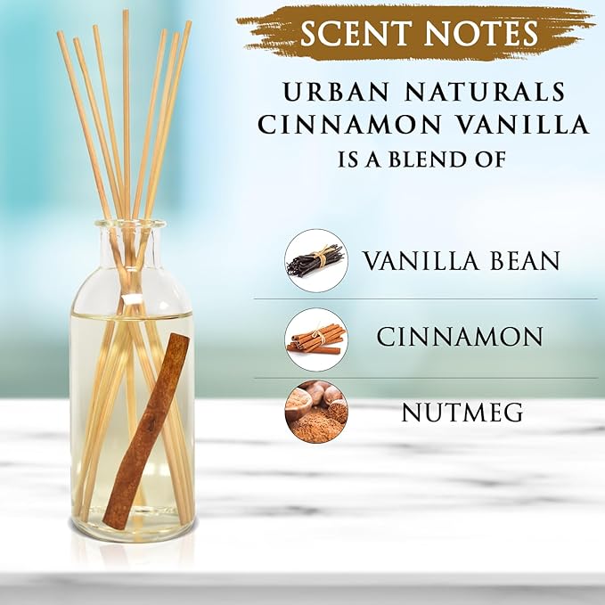 Urban Naturals Cinnamon Vanilla Oil Reed Diffuser Set | Warm, Fresh Baked Cookies | Perfect Fall Scent! | Made w/Essential Oils | Great Kitchen Scent & Gift Idea | Eco-Friendly. Vegan.