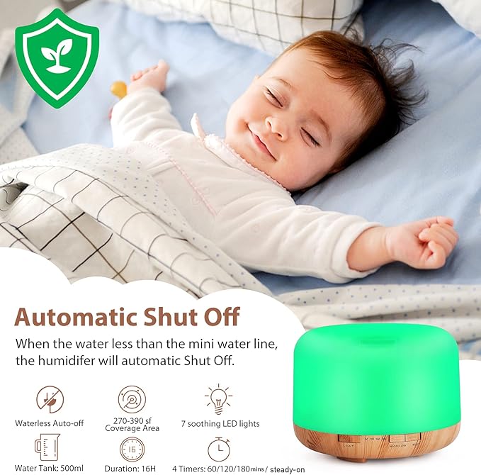 WGGE Essential Oil Diffuser, 500ml Premium Ultrasonic Vaporizer Aromatherapy Diffuser with 7 Color Changing, Timer, and Waterless Auto-Off with Remote Control.