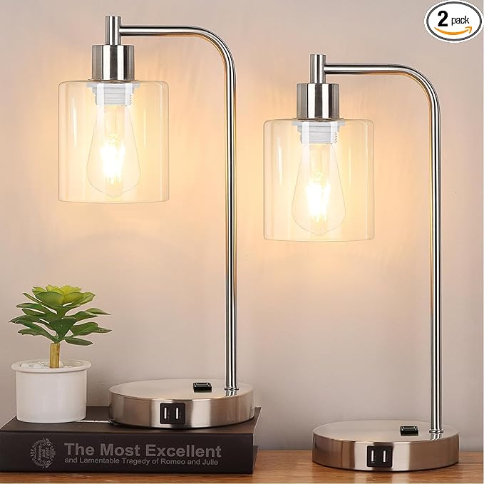 Industrial Touch Control Table Lamps Set of 2 - Brushed Nickel Nightstand Bedside Lamps with 2 USB Ports & AC Outlet, 3-Way Dimmable Desk Lamp for Bedroom Living Room, Glass Shade & LED Bulbs Included