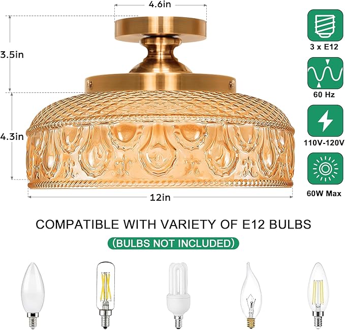 Lamomo Semi Flush Mount Ceiling Light, Upgraded Larger Hallway Light Fixture, 3-Bulb Globe Glass Close to Ceiling Scone, Amber Indoor Hanging Light for Bedroom Kitchen Porch Hallway,Bulbs Not Included
