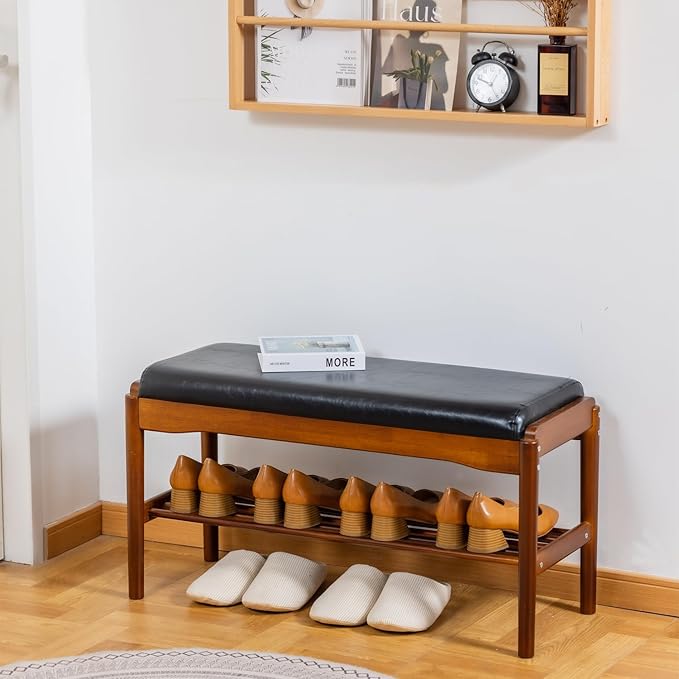 Shoe Bench, Entryway Bench, Wood 2-Tier Shoe Rack with Cushion Padded Seat Shoe Organizer (31.5",Black)