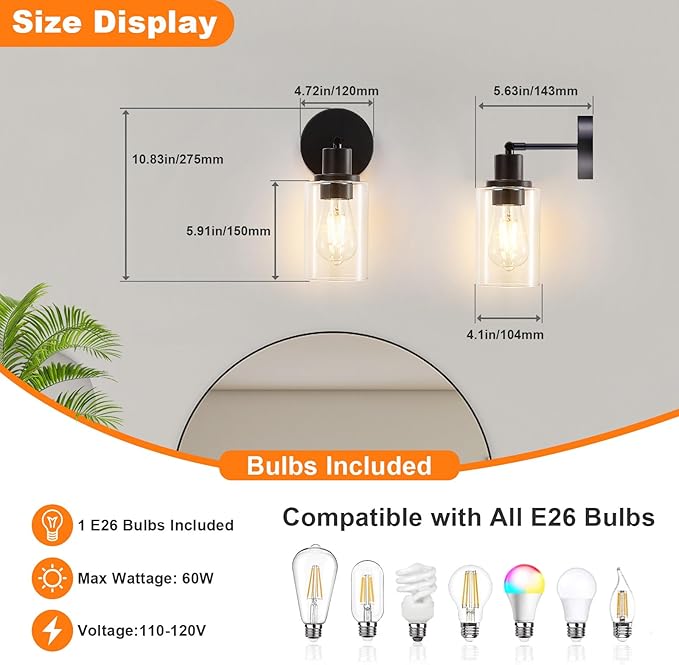 DLLT Wall Sconces Set of Two: Modern Bathroom Vanity Light Fixtures - Matte Black Vanity Lights with Clear Glass Shade - Farmhouse Wall Lamp for Bedroom Living Room Mirror Hallway Kitchen