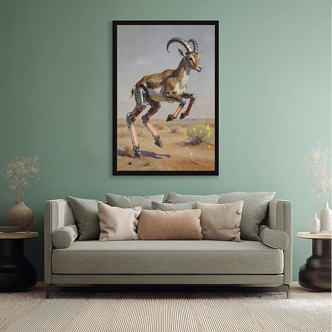 Framed Steampunk Mechanical Antelope Wall Art - Desert Futuristic Poster for Loft Living Room Decor 16x24in
