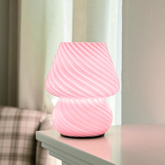 ULAROOM Battery Operated Mushroom Lamp - Vintage Small Table Lamp With Timer, Cordless Bedside Nightstand, Glass Battery Powered for Bedroom Kitchen Living Room Shelf Decor Aesthetic Pink