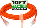 POWGRN 10 ft 12/3 Outdoor Extension Cord Waterproof Heavy Duty with Lighted Indicator End 12 Gauge 3 Prong, Flexible Cold-Resistant Long Power Cord Outside, 15Amp 1875W SJTW Orange ETL Listed