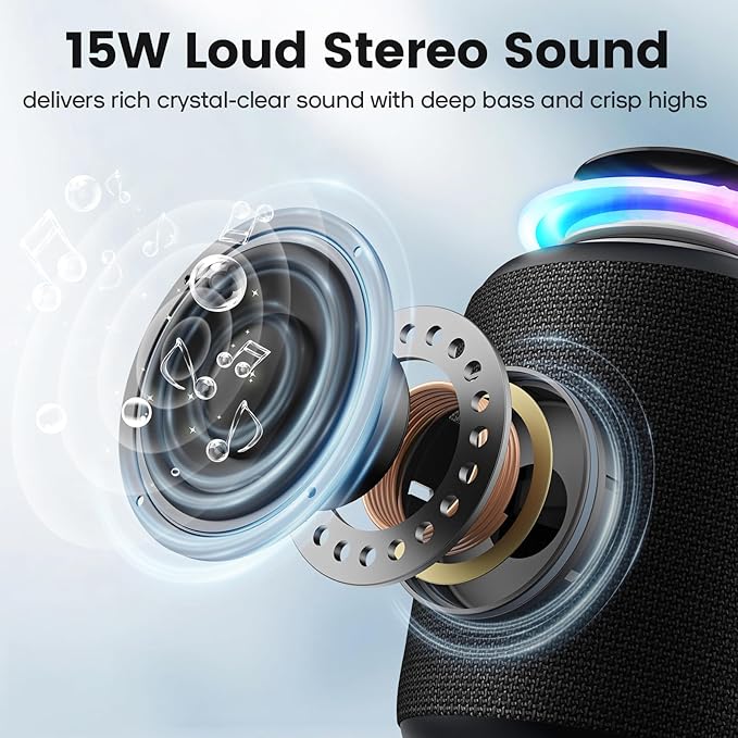 Bluetooth Speaker Wireless,IP67 Waterproof & Dustproof Portable Speaker with Lights,15W Loud Stereo Sound, 2500mAh Battery All Day Playtime, TWS Pairing, BT5.3, Home/Party/Outdoor/Beach (Black)
