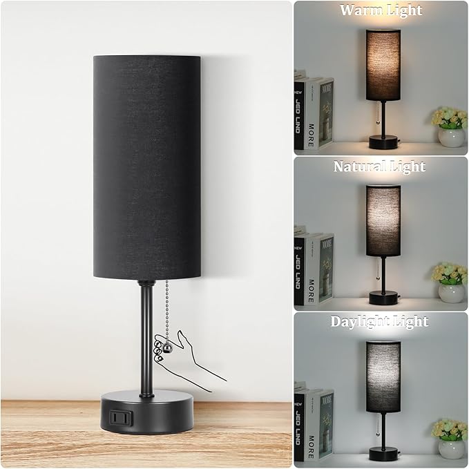 Dott Arts Table Lamp for Bedroom, 3-Color Bedside Lamps with Pull Chain, Bedroom Table Lamps for Nightstand,AC Outlet Small Lamp for Living Room, Bulb Included Black