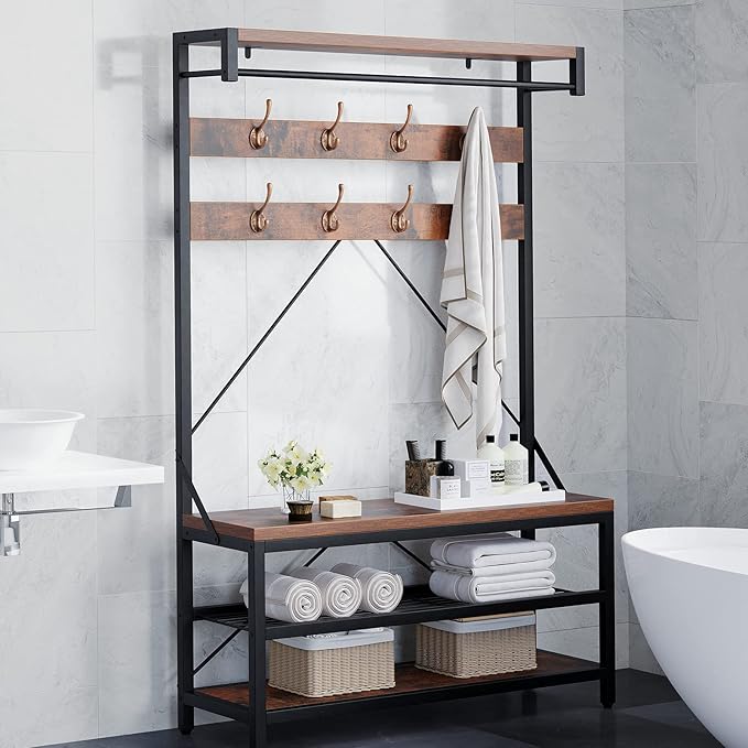 IDEALHOUSE Coat Rack Shoe Bench Industrial Hall Tree Storage Bench for Entryway Wood Look Accent Large Shoe Rack with Storage Shelf Hanging Bar,8 Hooks Grey 39.9"x15.7"x72"