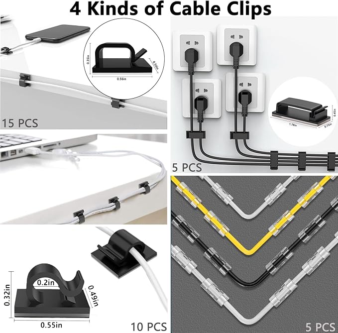 ELII 300PCS Cable Management Kit,4 Cable Sleeve 35 Cable Clips with 11Cord Holders,20 Roll Cable Organizer Straps and 200 Fastening Cable Ties,20 Cable Zip Tie Mounts for Computer TV Under Desk