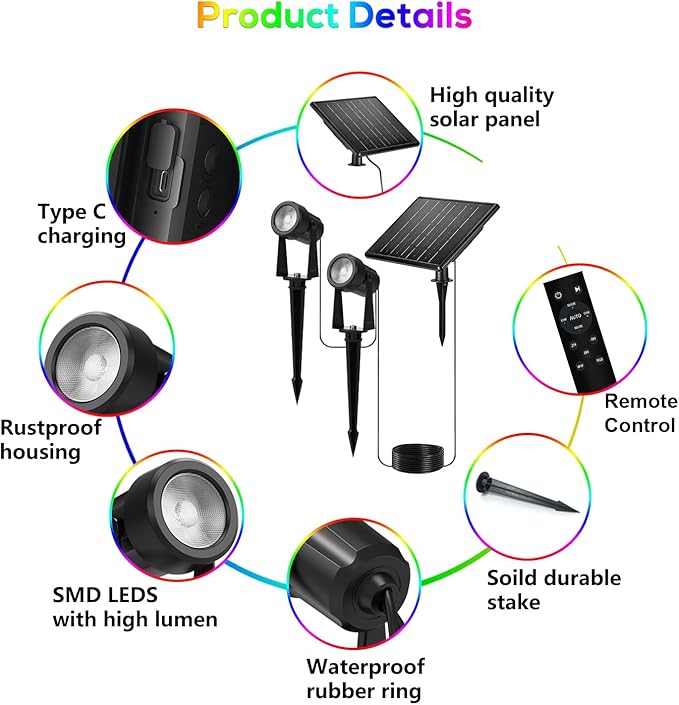 ZYAN Solar Landscape Spotlights Outdoor, Auto On/Off & IP65 Waterproof, LED Spot Lights for Garden, Pathway, Tree, Yard Warm White/RGB Color (Multi-Colored, 4 Pack)