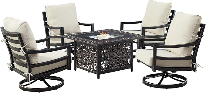Oakland Living Black Aluminum Patio Fire Table Set with Four Club Chairs with Light Grey Cushions
