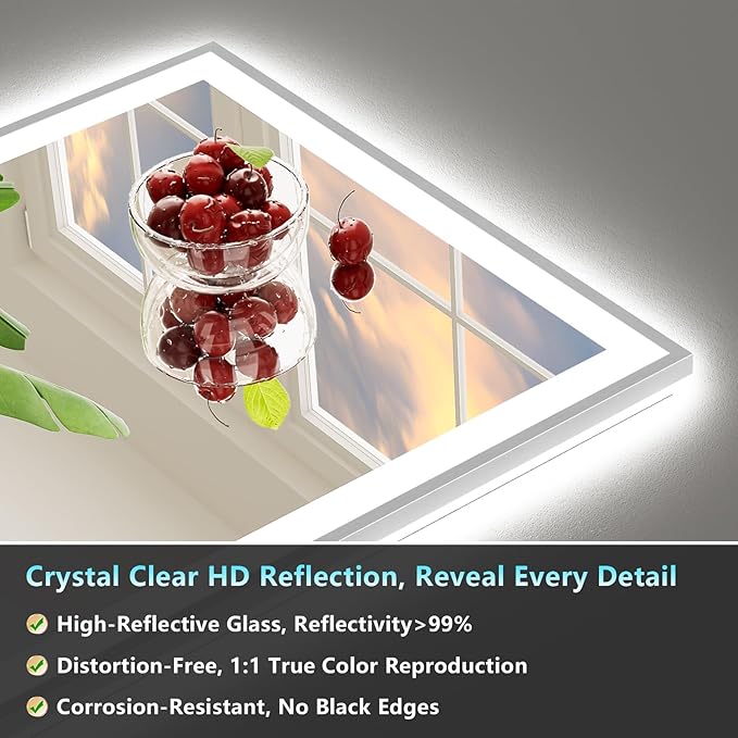 32x36 Brushed Nickel LED Bathroom Mirror with Lights, Sliver Framed Backlit and Front Lit Anti-Fog Lighted Vanity Mirrors for Bathroom Wall, Dimmable, 3 Colors, Memory, Tempered Glass, CRI＞90