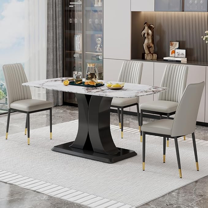 Modern Dining Table Set for 4, Marble Kitchen Table Chair Set for 4, Rectangular Kitchen Table with 4 Pu Leather Upholstered Chair for Dining Room