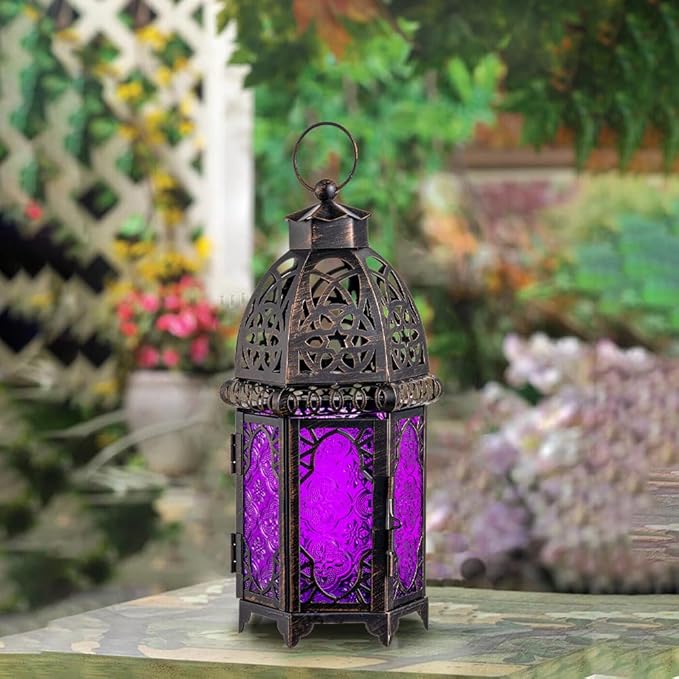 NEEDOMO Moroccan Candle Lantern, 12.8'' Hanging Lanterns Decorative Indoor Outdoor, Vintage Candle Holder for Chritsmas, Halloween, Table, Patio, Porch, Shelf, Gothic Home Decor (Purple)
