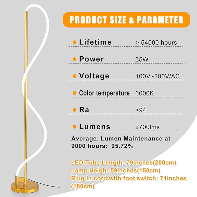 Modern LED Gold Floor Lamp, 3-Level Dimmable Flexible DIY Modeling Tall Standing Lamp, 35W/2700lm Ultra Bright White Light Corner Floor lamp For Bedroom, Living Room, Office