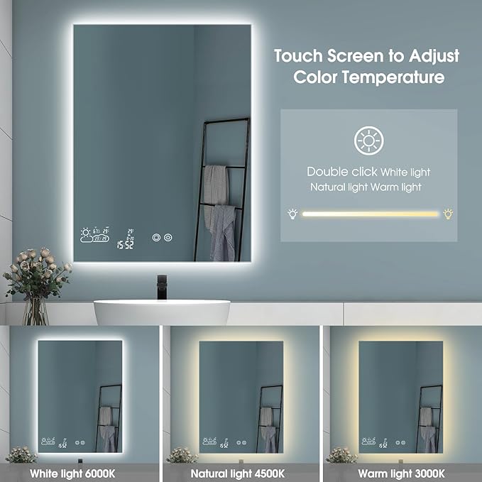 BYECOLD Smart Bathroom Mirror with Bluetooth 36”X 24” WiFi Enabled Weather Display, Fog Free, Backlit Frameless Brightness Adjust, Memory Function Touch Sensor - Horizontally Only