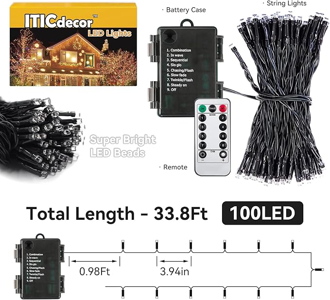ITICdecor 4th of July Decorations 100 LED Red White and Blue Fairy String Lights, 33Ft String Lights Battery Operated Waterproof, 8 Modes Connectable Patriotic Lights for Home Yard Patio Party Decor