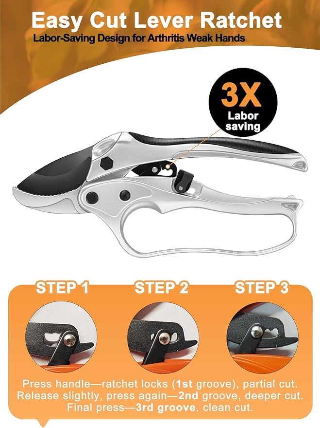 Ratchet Anvil Pruning Shears for Gardening Heavy Duty, Labor-Saving Design Garden Clippers for Arthritis Weak Hands, 3/4" Cut Capacity Branch Cutter for Tree Trimming, Flower, Rose, Plant
