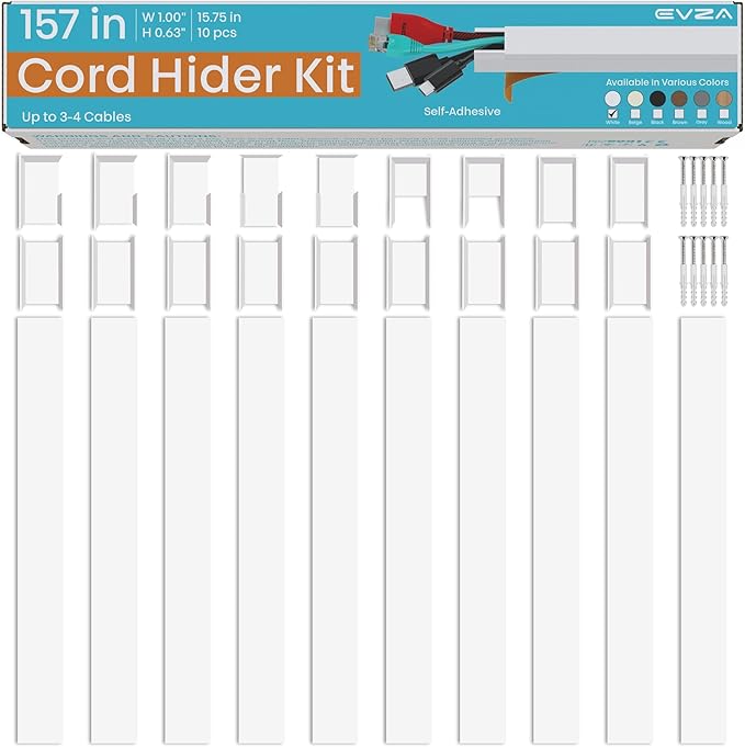 Cord Hider, Wire Cover, Cord Covers Wall Mounted TV, Cable Hider, 157 in Paintable White Raceway Kit, Electrical Cords Concealer, Cable Management, Hide Cords Wall, Wire Molding, Adhesive Channel