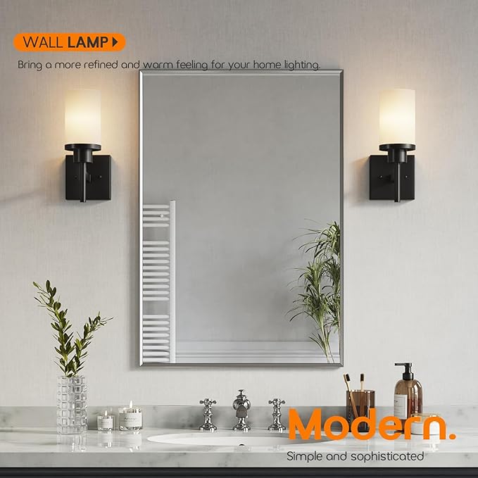 Wall Light Fixtures Matte Black Bathroom Vanity Lights Over Mirror with White Frosted Glass, Wall Lamps for Hallway Washroom Porch Entrance T001MB-L1