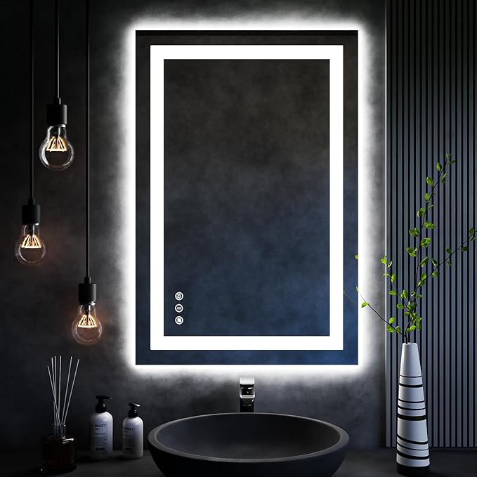 ISKM 36'' x 24'' LED Mirror for Bathroom Lighted Vanity Mirror for Wall Front Lights + Backlit LED Bathroom Mirror Anti-Fog Tempered Glass ETL Listed