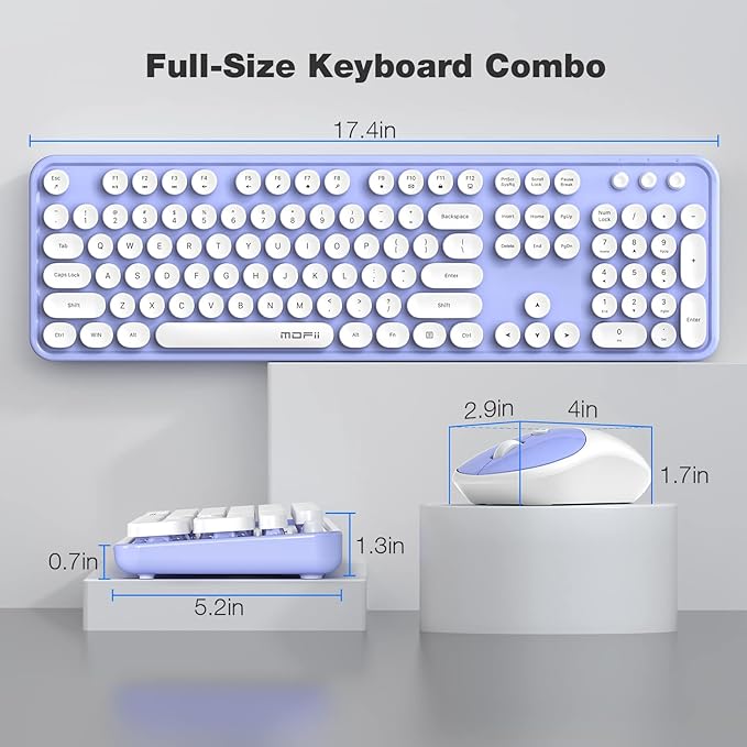 MOFII Wireless Keyboard and Mouse Combo, Computer Full Size 2.4G Plug and Play Wireless Typewriter Retro Round Keyboard and Mouse Set for Windows, Computer, Desktop, PC, Notebook - (Light Purple)