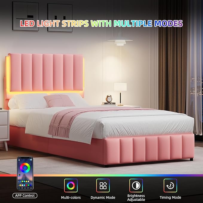 Twin Upholstered Bed Frame with LED Lights, Faux Leather Platform Bed with Headboard and Wooden Slats Support, No Box Spring Needed, Noise-Free, Easy Assembly, Pink