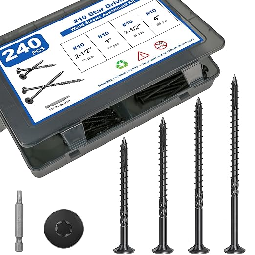 240Pcs Deck Screws, #10 Wood Screws Assortment Kit, 4Sizes Assorted Screw Set, Rust Resistant Torx Screws with Flat Head, Black Screw Kit for Woodworking Projects, Star Bit Included