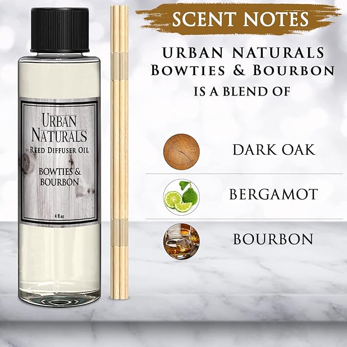 Urban Naturals Bowties & Bourbon Scented Oil Reed Diffuser Refill with Free Set of Reed Sticks. A Unisex Scent Blended with Dark Oak, Bergamot and Bourbon for a Fresh, Clean Smelling Home, 4 oz