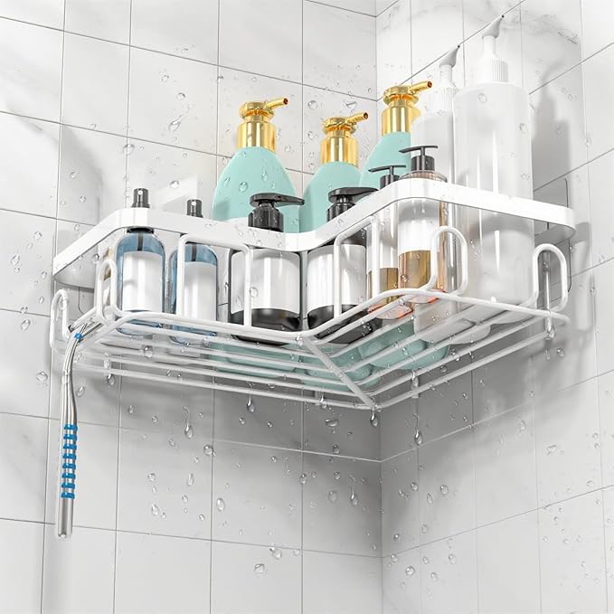 Moforoco Corner Adhesive Shower Caddy, with Soap Holder and 12 Hooks, Rustproof Stainless Steel Bathroom Organizer, No Drilling Wall Mounted Rack, Black, 3-Pack(White)