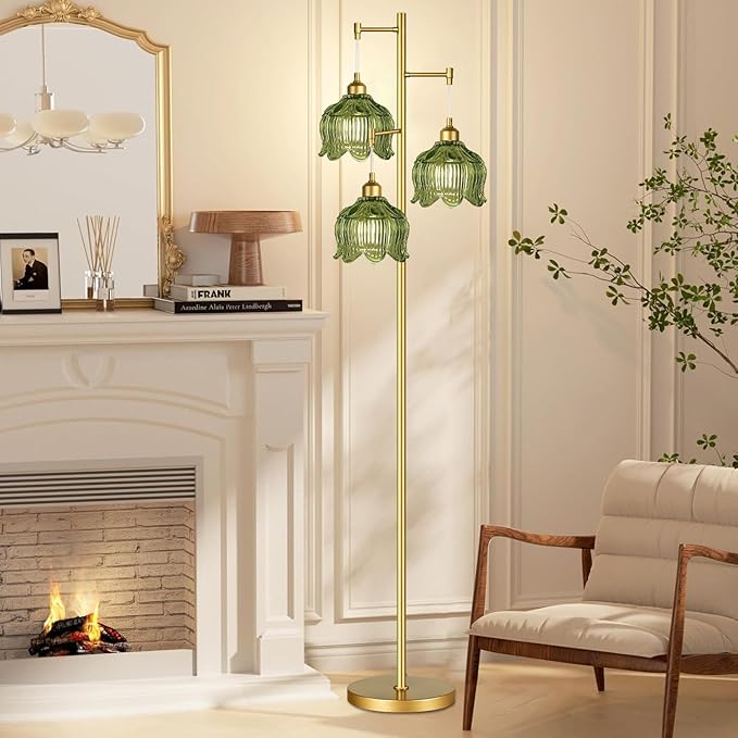 Vintage Floor Lamps for Living Room Bedroom-3 Light Gold Floor Lamp with Glass Lampshape, Flower Green Tall Lamp Mid Century Modern Standing Lamp Tree Floor Lamp for Bedroom Living Room Corner