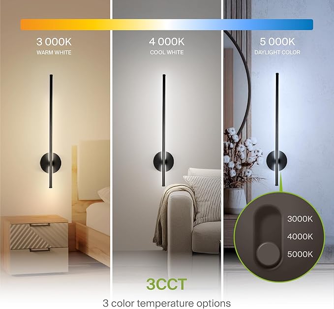 ASD LED 24" Linear Tube Wall Sconce, Modern Bathroom Light Bar | 3CCT, 360° Rotatable, Dimmable, ETL Listed | 8W 420LM 3000-5000K 100-277V | Bedroom, Hallway Vanity Lighting | Black