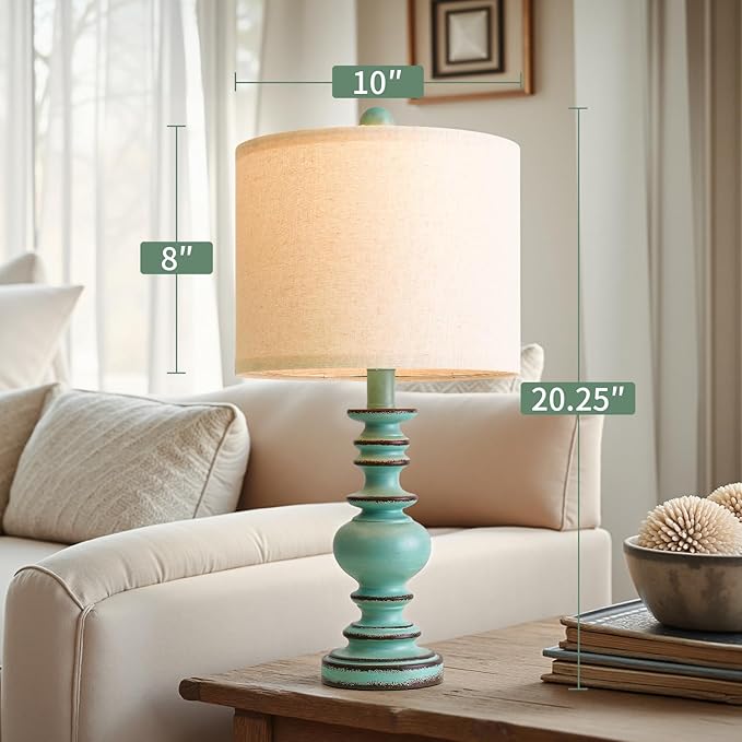 BOBOMOMO 20" Distressed Teal Bedside Lamps Set of 2, Hand-Painted Vintage Resin Lamps with Linen Shades, Cottage Farmhouse Lamp for Living Room, Bedroom, and Hallway, Space-Saving Accent Lamps