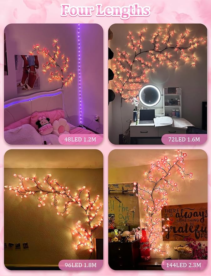 7.55 FT 144 LED Cherry Blossom Tree Branch Lights for Wall,8 Modes Pink Cherry Blossom Lights with Remote Timer,Willow Vine Lights for Bedroom decor,Light Up Cherry Blossom Decor,Holiday Birthday Gift