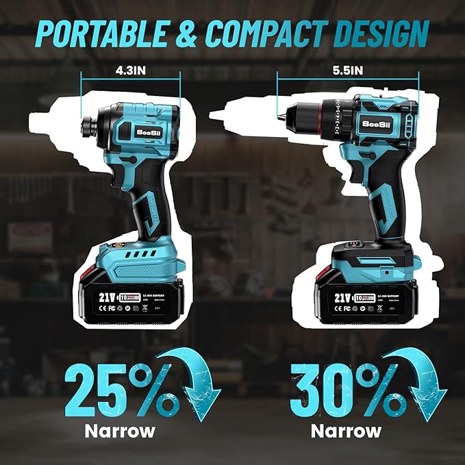 SEESII 21V Max Cordless Drill and Impact Driver, Power Tool Combo Kit Included 3/8'' Drill & 1/4'' Impact Driver, 2x 4000mAh Battery, Fast Charger, 20 pcs Driver Bit Set & Bag