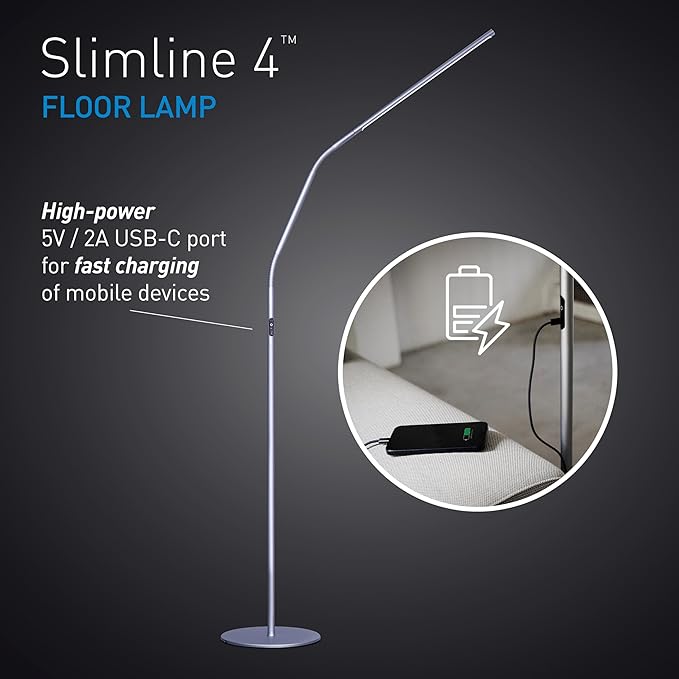 Daylight Slimline 4 LED Floor Lamp - 6,000K, 3,200 Lux, 4 Brightness Levels, USB-C Port for Fast Charging - Sleek Design, Anti-Glare Shade, Flexible Height Adjustment - Ice Grey