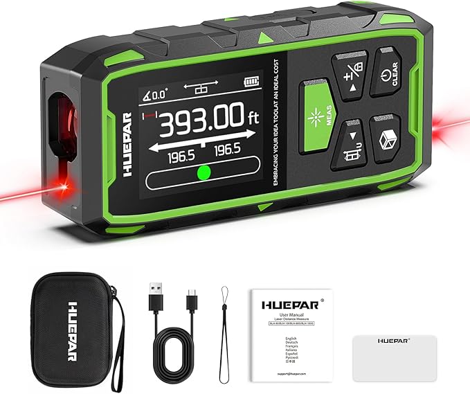 Huepar Professional Dual Laser Measuring Tool 393ft, Rechargeable Bilateral Laser Measurement Tool, Digital Laser Room Measure Devices, Metro Laser Measurement Tool with Angle Sensor, Magnetic Back